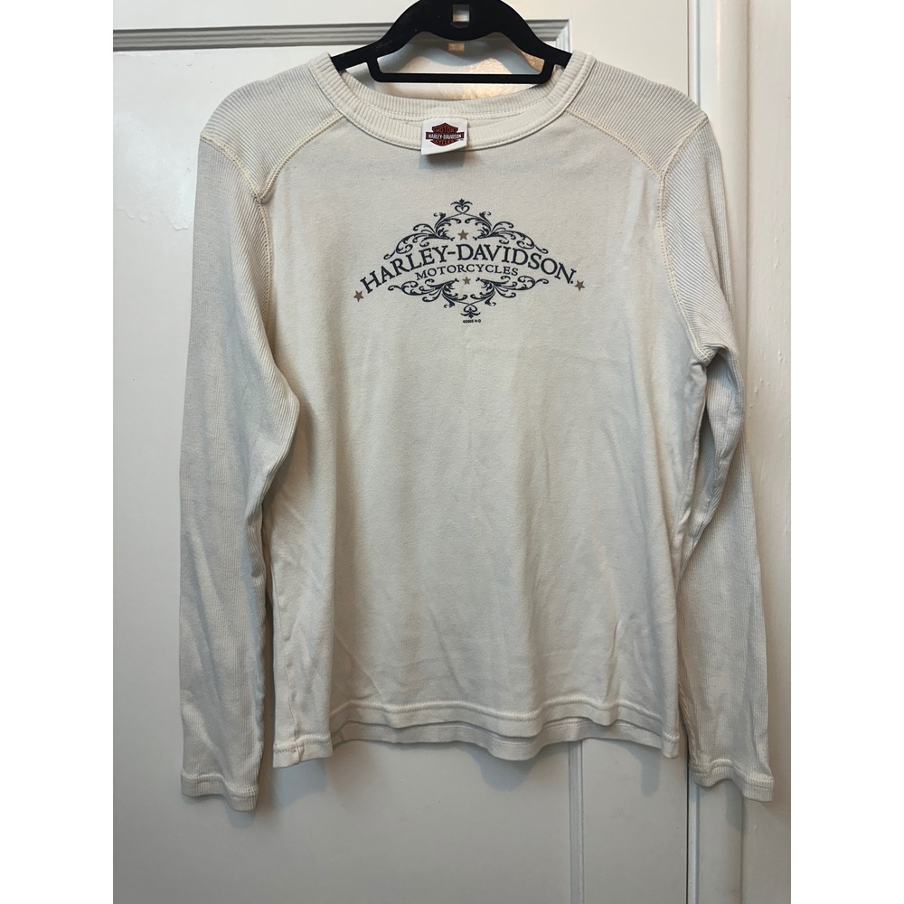 Harley-Davidson Womens Cream Waffle Knit Thermal Long Sleeve Shirt XL 2005 USA